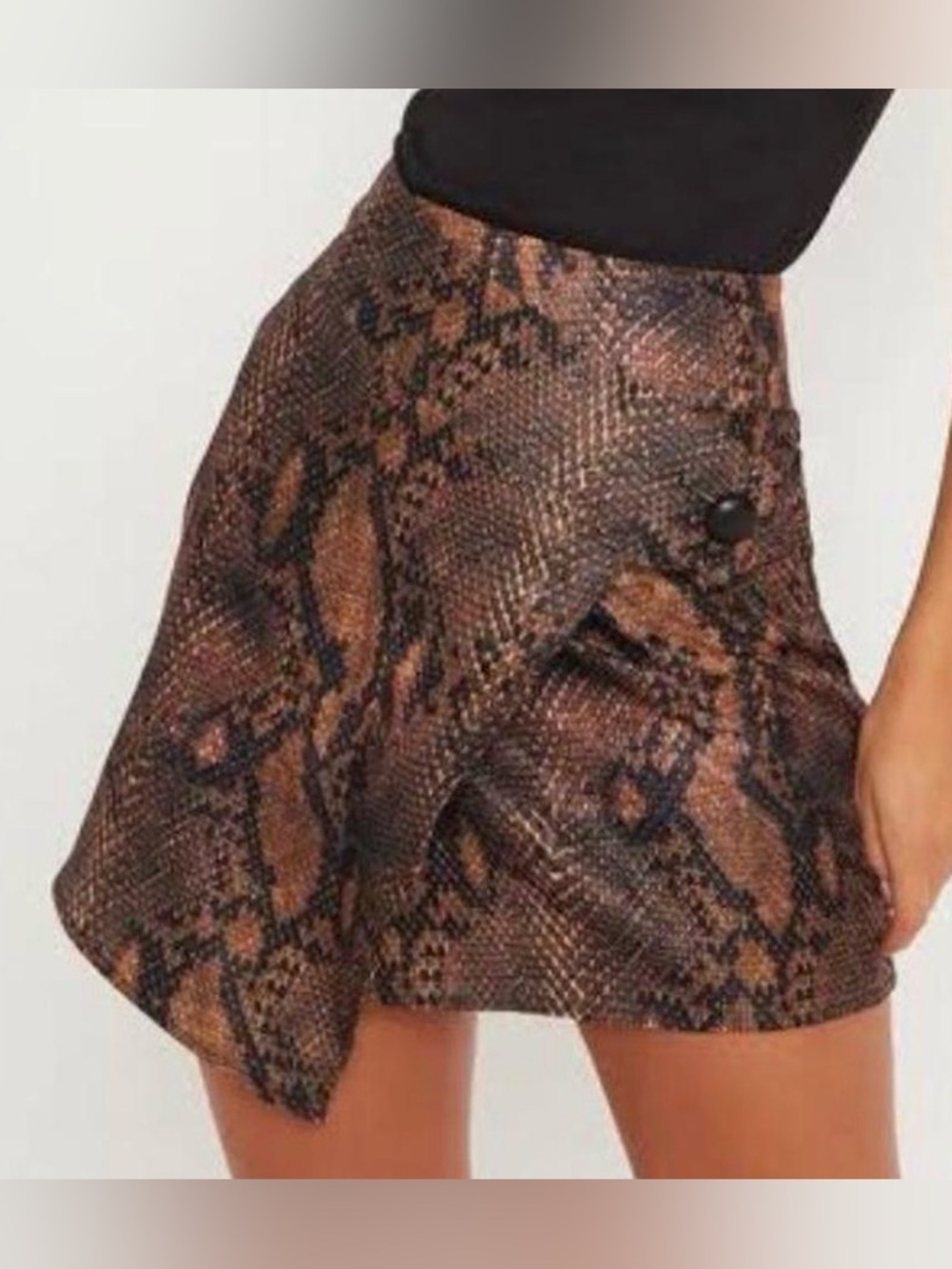 Pretty Little Thing Brown Snake Print Button Detail Mini Wrap Skirt. Size